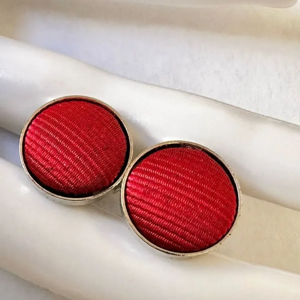 Silver tone red fabric vintage cufflinks